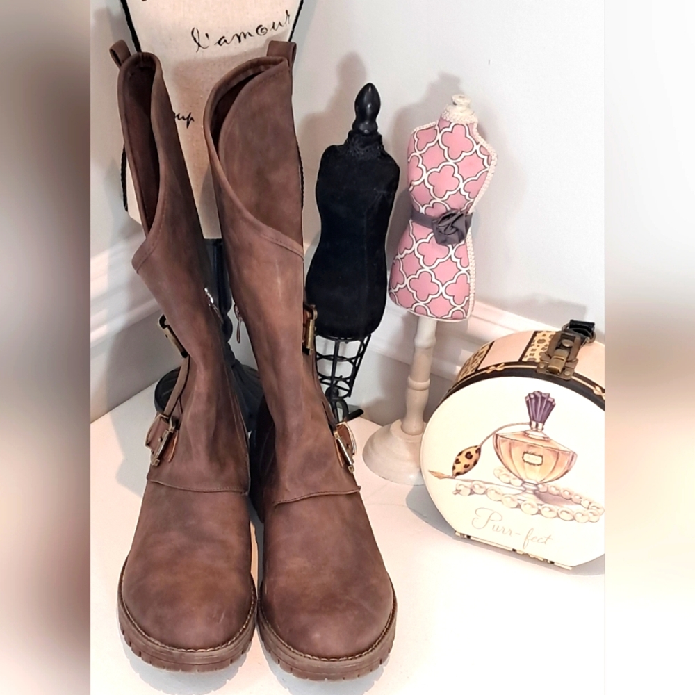 No Name Brown Faux Leather Double Buckle Boots Size 11/42